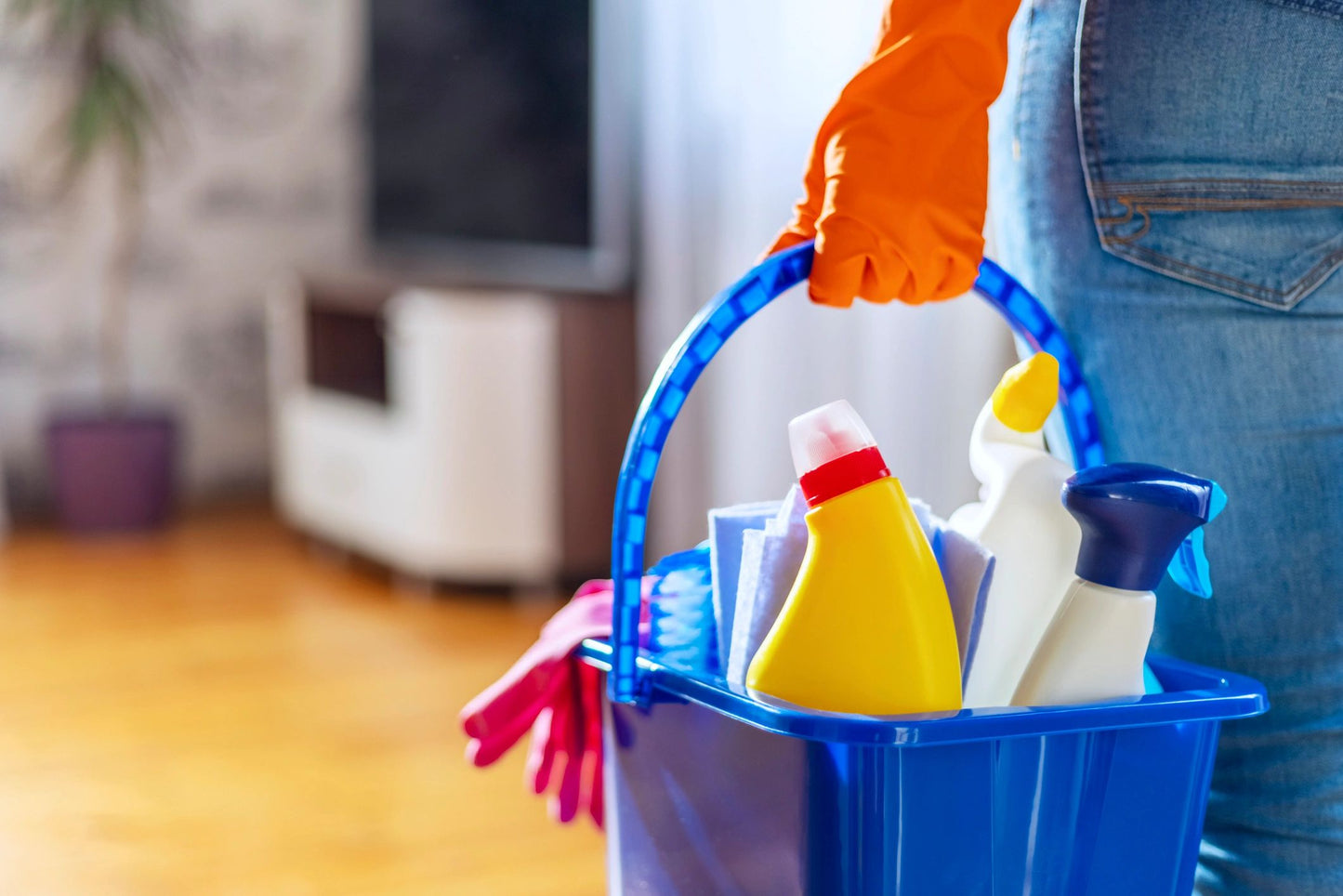 Person holding a blue bucket with cleaning supplies in a room.
