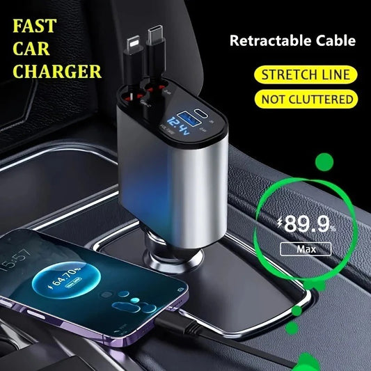 4 in 1 Car Charger 120W Turbo Charge, 4 Ports Fast Charging with Retra