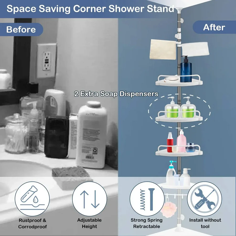 4 Tier Bathroom Corner Shelf with Towel Holder