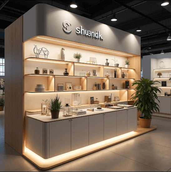Shuandk showroom with illuminated shelves and decor