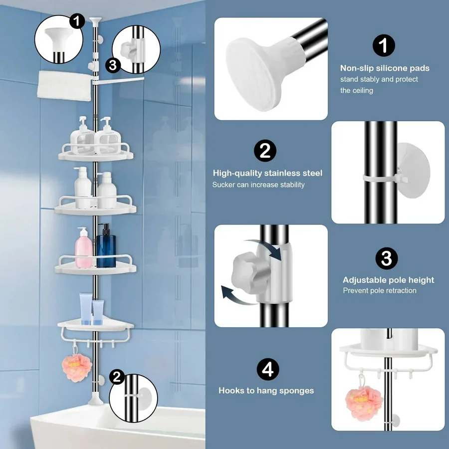 4 Tier Bathroom Corner Shelf with Towel Holder
