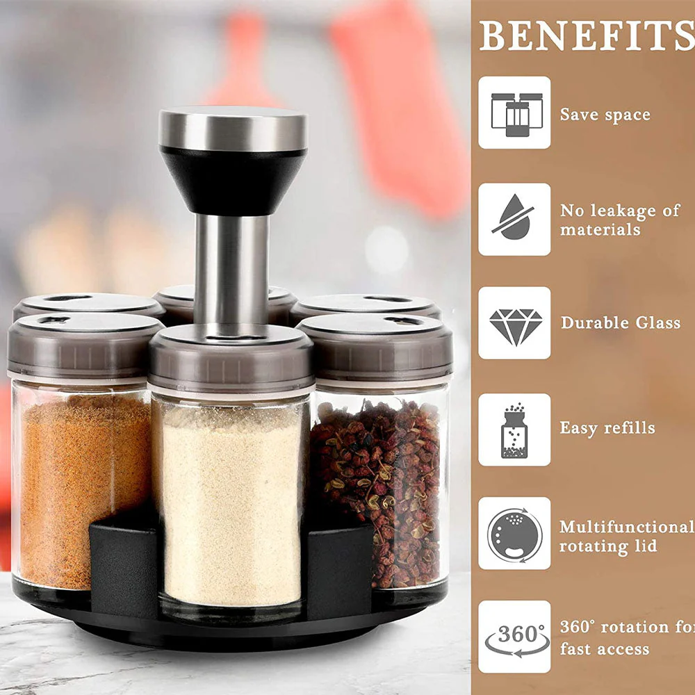 6-Jar Revolving Spice Rack Organizer with Rotating Stand and Salt & Pepper - Shu3ndk.com