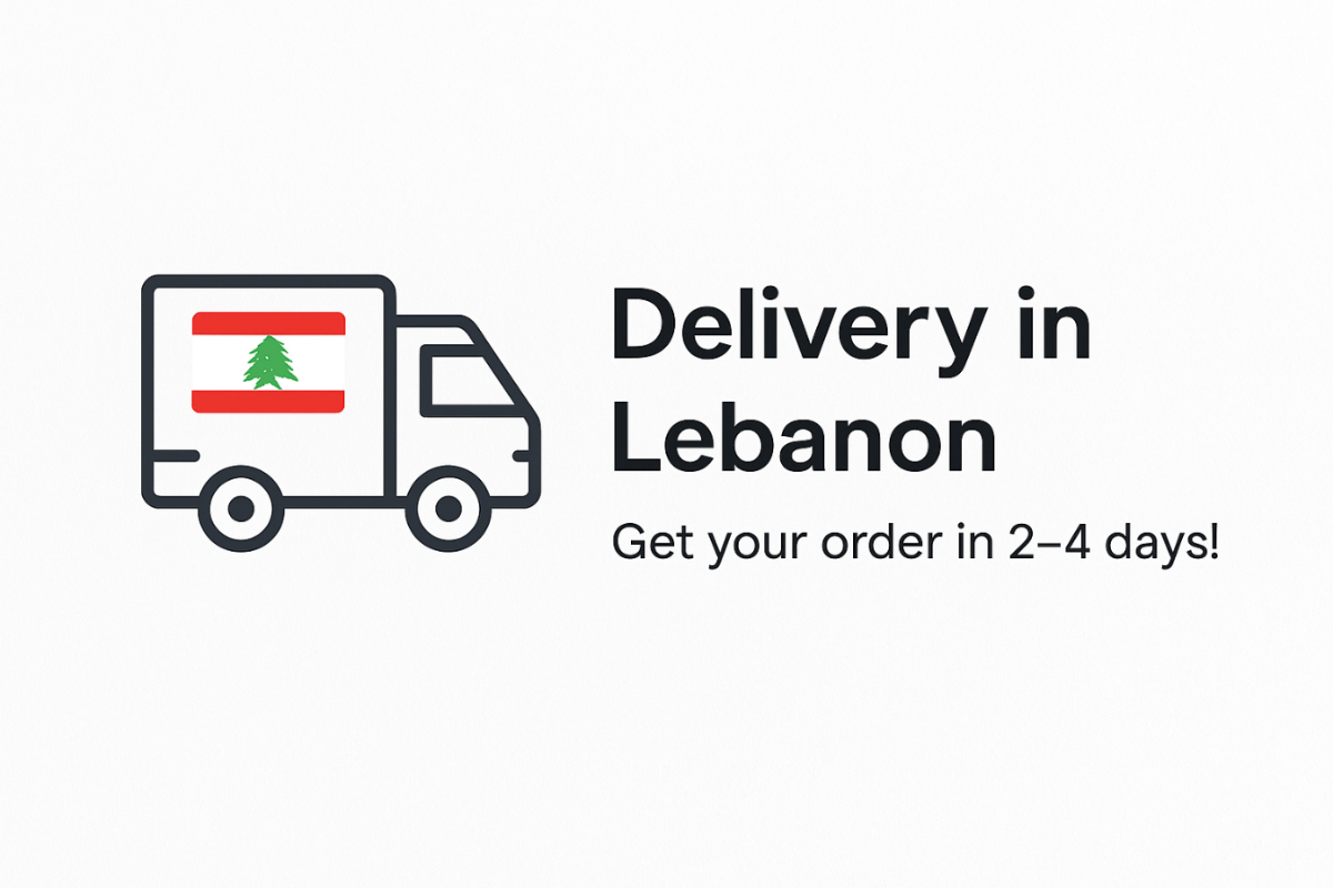 Delivery truck icon with Lebanese flag and text about delivery time in Lebanon