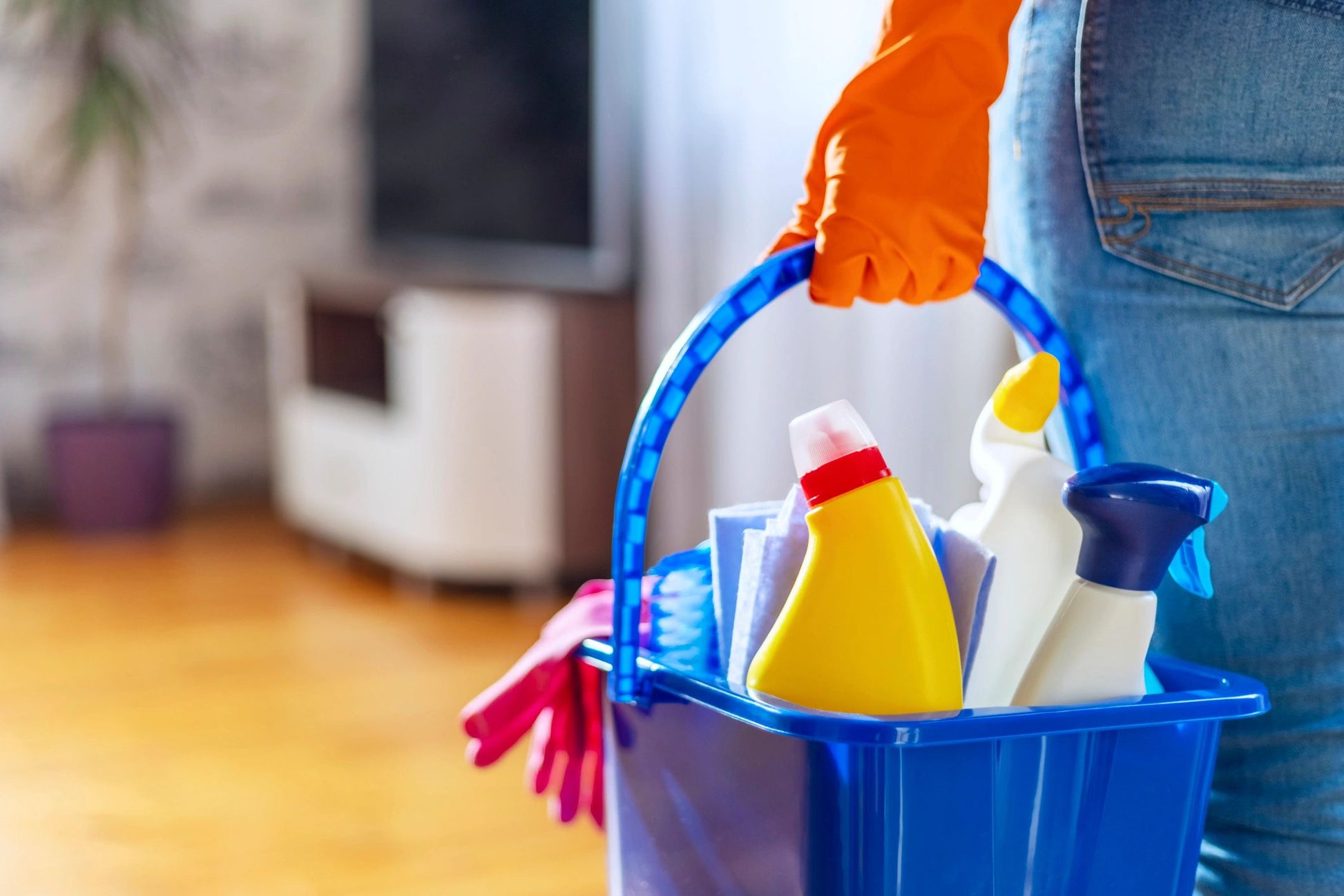 Person holding a blue bucket with cleaning supplies in a room.