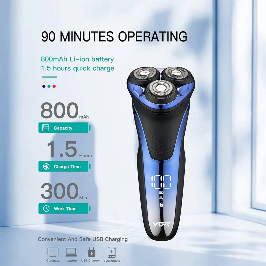 V306 Waterproof Electric Shaver – Cordless Rechargeable Rotary Raz