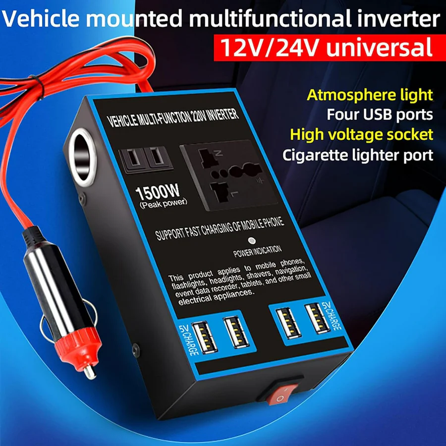 220V Car Power Inverter Adapter – 12V to 220V Converter with 4 USB Ports & Universal Socket