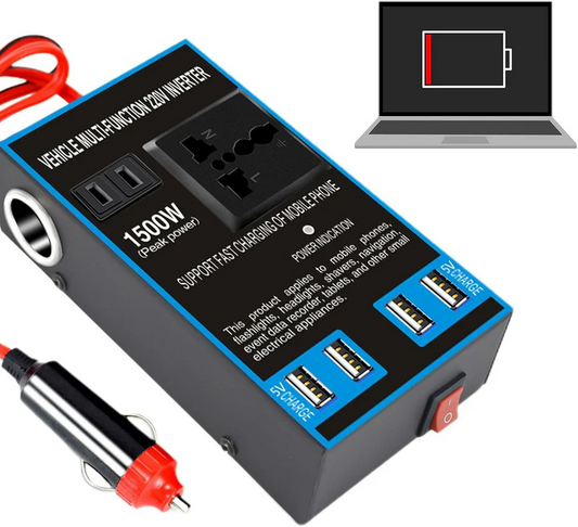 220V Car Power Inverter Adapter – 12V to 220V Converter with 4 USB Ports & Universal Socket