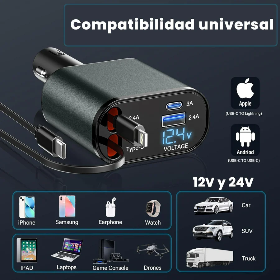4 in 1 Car Charger 120W Turbo Charge, 4 Ports Fast Charging with Retra