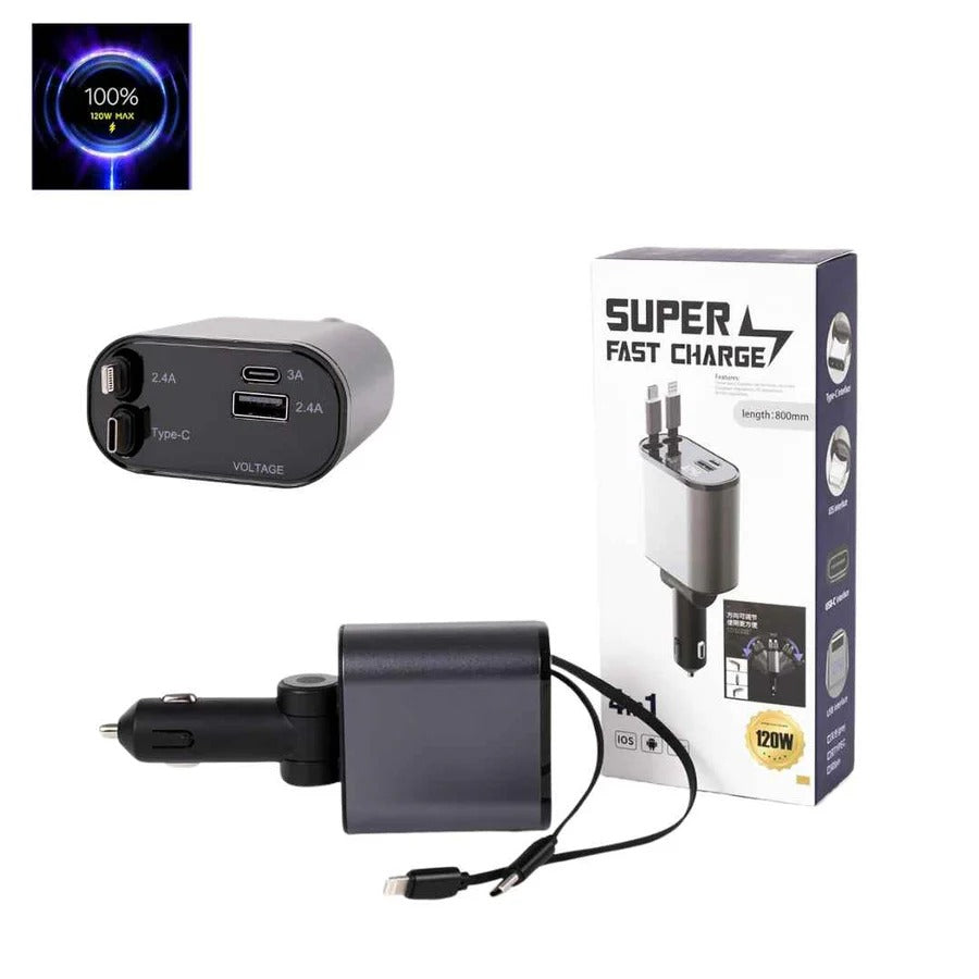 4 in 1 Car Charger 120W Turbo Charge, 4 Ports Fast Charging with Retra