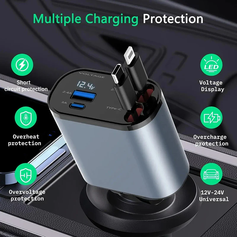 4 in 1 Car Charger 120W Turbo Charge, 4 Ports Fast Charging with Retra